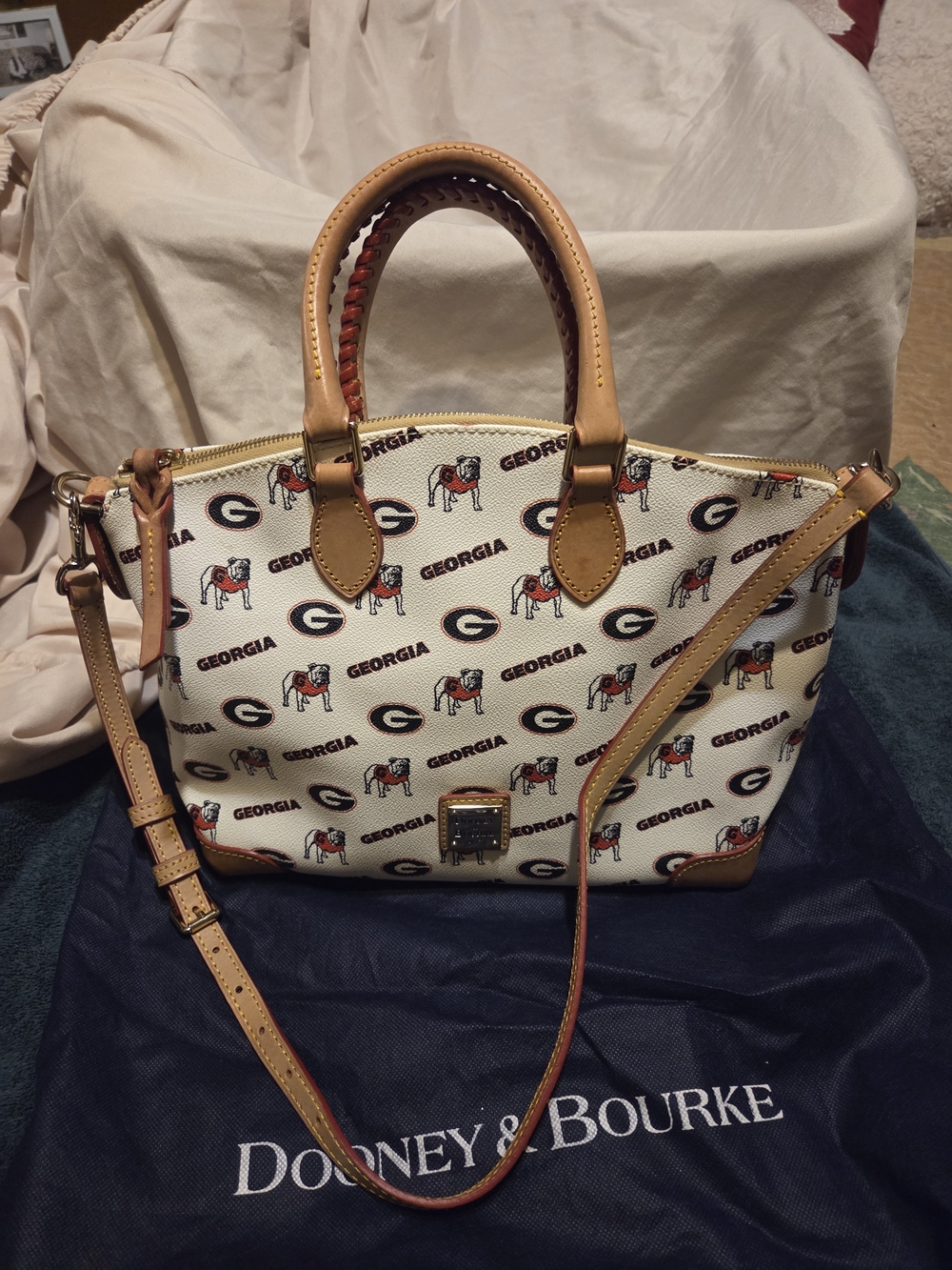 Dooney & Bourke Cream Georgia Bulldogs Satchel with Tan Leather Trim